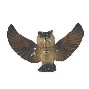 Vintage Owl Figurine Ceramic Flying Wings Brown Tan Home Decor Display 3.5" X 1"